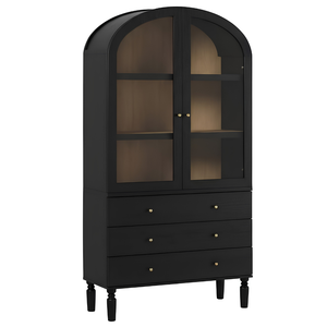 Librero de Madera de Teca Color Negro Carbón, Moderno, con Puertas de Vidrio y Diseño Arqueado - Product Image 1