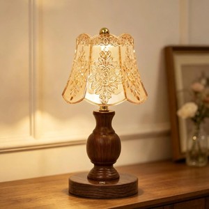 Traditional Wooden Table Lamp With Engraved Green Glass <b>Shade</b> Round Design For Indoor <b>Lighting</b> - Product Image 6