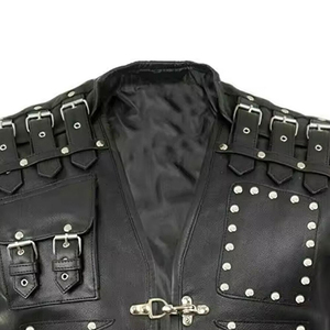 Gilet de motard en cuir véritable pour homme avec rivets, poches et fermeture éclair, style moto, vêtement d'extérieur automne-hiver, coupe classique - Product Image 3