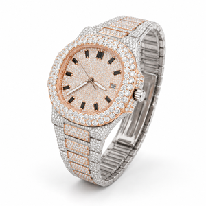 Reloj de Lujo de Dos Tonos con Incrustaciones de Moissanita, Esfera de Acero Inoxidable con Pavé, Visualización de Fecha, Reloj de Cuarzo para Hombre - Product Image 2