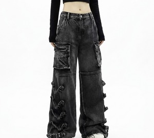 Pantalon cargo en jean mi-lourd pour femme grande taille, style vintage, écologique, respirant, streetwear, taille élastique – Meilleur prix, haute qualité - Product Image 1