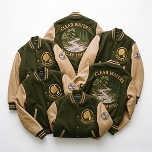 Chaqueta Varsity al por Mayor, Color Verde Bosque, Cuerpo de Lana, Mangas de Cuero Crema, Boreal Expeditions Alpine Taiga Mountain Pinecone - Product Image 6