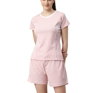 Ensemble de shorts sportifs roses pour femmes, 2 pièces, séchage rapide, tricoté, col rond, manches courtes, coupe régulière, vêtements de sport printemps-été - Product Image 6