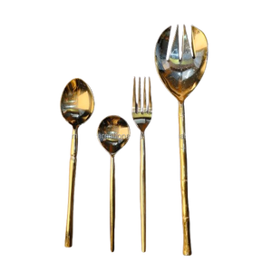 ชุดช้อนส้อมสแตนเลสชุบทอง ดีไซน์ข้อต่อบамบู สีทองเหลือง 4 ชิ้น สำหรับสลัดและอาหารค่ำ - Product Image 1