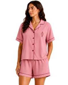 Customized Dusty Pink Women Pajama Set Short Sleeve Button <b>Down</b> Nightwear Soft Breathable Summer Sleepwear Casual Lounge Set - Product Image 1