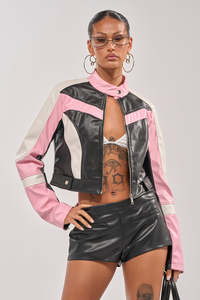 Chaqueta de Moto para Mujer, Impermeable, Cortavientos, de Cuero PU Recubierto, Manga Larga, Cuello Alto, Bloques de Color, Cierre de Cremallera con Piel Sintética, Otoño - Product Image 6
