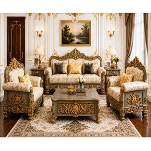 Juego de Sofás Estilo Europeo con Corona Imperial, Sofá de 5 Plazas Tallado en Oro Real con Mesa de Centro, Colección de Muebles para Sala de Estar Hechos a Medida - Product Image 1