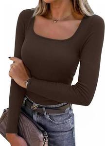 Camiseta de Manga Larga para Mujer, Cuello Cuadrado, Mangas Abullonadas, Transpirable, de Secado Rápido, Antiarrugas, Tejida, Informal, Personalizada, de Algodón y Poliéster - Product Image 2