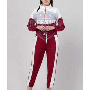 Ensemble de survêtement pour femmes, rouge et blanc, blocs de couleur, manches longues, pantalon de jogging sportif avec cordon de serrage, polyester respirant - Product Image 4