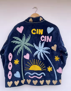 Chaqueta Bomber Acolchada de Terciopelo Bordada Cin Cin para Otoño, Diseño de Palmeras y Corazones, Transpirable, Ropa Exterior para Mujer - Product Image 2