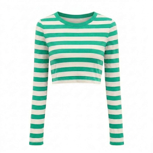 Camiseta corta de manga larga para mujer, personalizada al por mayor, con rayas verdes y blancas, de poliéster ligero de secado rápido, a la moda para el verano. - Product Image 1