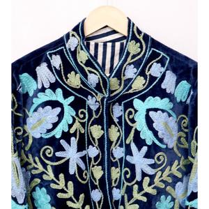 Multi Floral Embroidery Pattern Velvet <b>Jacket</b> Mandarin Collar Regular <b>Sleeve</b> <b>Short</b> Length Unisex Eco-Friendly Breathable - Product Image 4