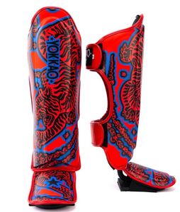 Protège-tibias Yokkao Muay Thai en cuir motif Tigre Rouge Bleu Noir, équipement de protection pour le kickboxing, emballage plastique, toutes saisons - Product Image 1
