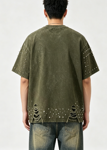 เสื้อยืดผู้ชายทรงหลวมสไตล์สตรีทแวร์ ผ้าฝ้าย คอตตอน ทรงโอเวอร์ไซส์ แบบลำลอง ผลิตขายส่ง พร้อมดีเทลแต่งขอบแบบดิสเทรส - Product Image 2