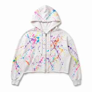 Sweat-shirt à capuche zippé blanc pour femme de haute qualité, imprimé éclaboussures de peinture colorées, épaules tombantes, en molleton - Product Image 1