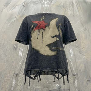 Snowgrace Men's Oversized T-Shirt Short Sleeve Washed Cotton High Street Style Printed O-Neck Design with Solid - Product Image 4