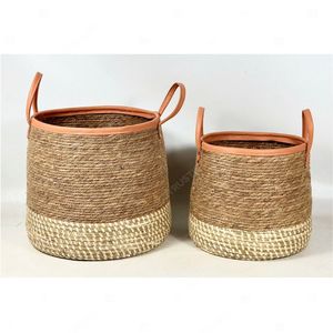 Two-Tone Round <b>Seagrass</b> <b>Basket</b> with Leather Handles Woven Storage <b>Baskets</b> Living Room Décor Household Organization Products - Product Image 2