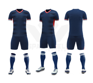 Maillot de football sublimé pour homme, bleu marine rayé, col en V, manches courtes, anti-humidité, séchage rapide, uniforme de football personnalisé pour équipe - Product Image 1