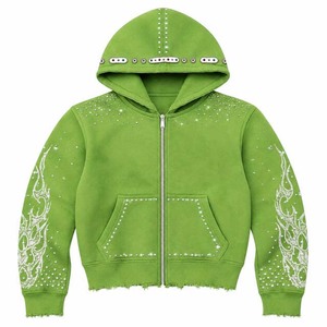 Custom Acid Wash Rhinestone Zipper-Up Winter Heavyweight 100% Cotton Oversized Boxy Fit Vintage Streetwear <b>Hoodies</b> Green Color - Product Image 4