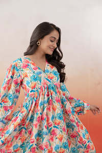 Robe midi en mousseline à imprimé floral, col en V, manches bouffantes, coupe trapèze ample, décontractée, pour femme, multicolore, magnifique - Product Image 5