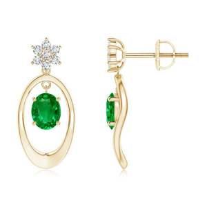 Natural Emerald Floral Diamond Drop <b>Earrings</b> 14K Yellow Gold Oval Gemstone Dangle Studs Wholesale Jewelry Gift for Her - Product Image 1