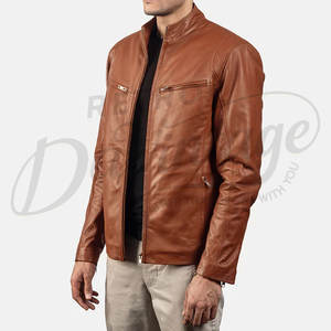 Chaqueta de cuero premium color coñac para hombre, de piel de oveja auténtica, corte ajustado, cuello alto, con cremallera, estilo motociclista. - Product Image 4