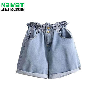 Shorts de mezclilla de cintura alta para mujer, estilo Paperbag, con dobladillo con vuelta, desgastados y rotos, de verano - Product Image 1