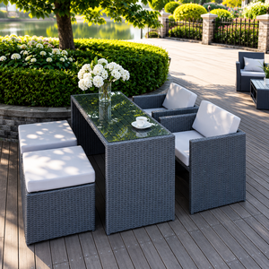 Juego de Café de Ratán con Mesa de Vidrio Templado, Diseño Moderno para Jardín, Patio y Espacios de Relajación en el Patio Trasero - Product Image 1