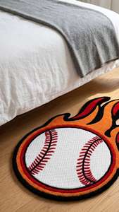 Alfombra de área única con diseño de béisbol, hecha a mano, con temática deportiva, en colores naranja, rojo y blanco, para decoración de sala de estar y dormitorio. - Product Image 6