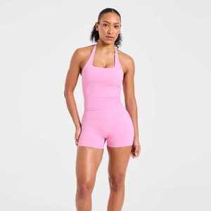 Women's 2 Piece <b>Set</b> Pink Halter Crop Top Shorts Sporty Knitted Spandex Solid Color Skinny Fit Above Knee Spring Summer - Product Image 5