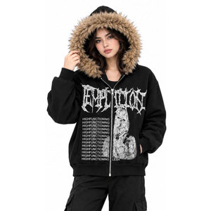 High Functioning Men's <b>Black</b> Zip-Up Hoodie With Faux Fur Hood Punk Style Printed Fleece Winter <b>Jacket</b> Oversized Fit - Product Image 2