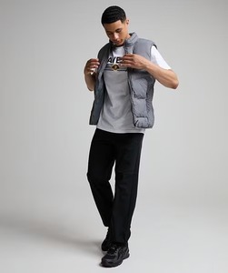 Chaleco Acolchado Gris sin Cuello para Hombre, Cierre de Cremallera, Cortavientos, Informal, para Otoño, Corte Regular, Relleno de Poliéster, Color Sólido - Product Image 1