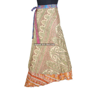 New Ladies Summer Below the <b>Knee</b> Wrap Skirts Women Wear Vintage Silk Sari Long Length Wrap Around Skirt 2 Layer Reversible Cover - Product Image 6
