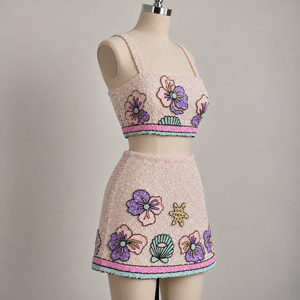 Conjunto de Vestido Mini de Dos Piezas con Cuentas Florales y Corte en A, con Perlas y Cristales, Sin Mangas, Transpirable, con Cintura Natural, para Fiesta, para Mujer - Product Image 1