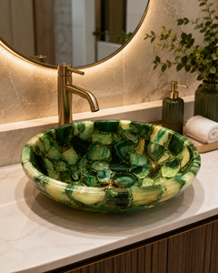 Lavabo Ovalado de Piedra con Patrón de Ágata Verde, Estilo Art Deco, Ecológico, Contemporáneo, para Baño, Instalación en Pared, Diwali - Product Image 1