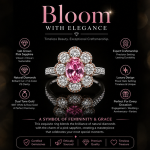 Bague en or 18 carats bicolore |   Diamant naturel et saphir rose de laboratoire |   Bague de cocktail de luxe |   Bijoux fins de mariage pour femmes - Product Image 5