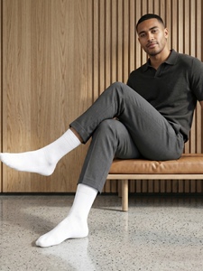 White <b>Mens</b> Solid Dress <b>Socks</b> Mid Calf Cotton Spandex Elastic <b>Ribbed</b> Cuff Breathable Business Trouser Walking Soft Footwear <b>Socks</b> - Product Image 4