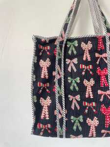 Sac fourre-tout en velours côtelé noir avec motif nœud rouge et vert, sac à bandoulière en velours côtelé doux, sac à main imprimé en tissu pour tous les jours - Product Image 6