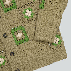 <b>Men</b> Crocheted <b>Cardigan</b> Olive Green Patchwork Pattern Button Front Full Sleeve Autumn Wear - Product Image 6