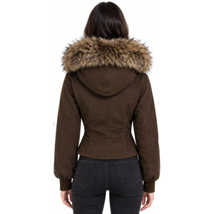 <b>Women's</b> Brown Hooded <b>Zip</b>-<b>Up</b> <b>Jacket</b> With Faux Fur Trim Winter Short Sleeve Lined Windproof Regular Fit Full Sleeve Hoodies - Product Image 3