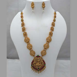 Ethnic Rhodium Plated Zircon Lakshmi <b>Pearl</b> Stone <b>Necklace</b> <b>Set</b> for Bridal - Product Image 1