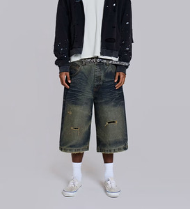 CONX Short en jean déchiré 100 % coton pour homme, taille mi-haute, entrejambe bas, style streetwear, idéal pour l'été - Product Image 1