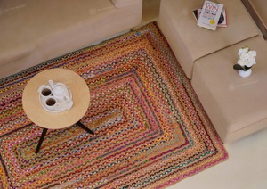 Tapis rectangulaire artisanal en jute patchwork, style bohème, à poils plats, écologique, pour salon, fabriqué en Inde - Product Image 4