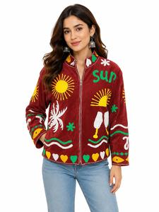 Velvet Embroidered <b>Jacket</b> Women <b>Mandarin</b> <b>Collar</b> Full Sleeve Summer Vacation Style Hand Embroidery Zipper Closure - Product Image 2