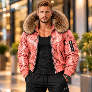 Python Leather Fashion <b>Coat</b> with Luxurious Fur Hood High-End Motorcycle Outerwear | Herren Lederjacke | Chaqueta Hombre Cureo - Product Image 1