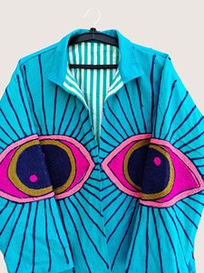Turquoise Embroidered Eye Pattern Plus Size Casual Open Front <b>Coat</b> Full Sleeve Turn-down Collar Women's Outerwear - Product Image 4