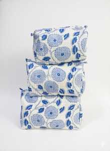 Ensemble de trousses de toilette classiques en coton bleu à motifs floraux avec fermeture éclair, pochettes de rangement portables pour maquillage, trousse de toilette de voyage portable - Product Image 4
