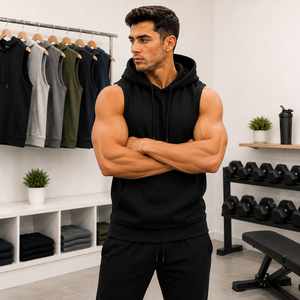 Sweat-shirt à capuche sans manches pour homme, noir, en polaire, décontracté, pour la salle de sport, avec poche, coupe classique, style automne - Product Image 1