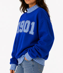 Sweat-shirt pour femme, bleu royal, avec logo appliqué sur le devant, motif à carreaux 1901, 200g, col rond, coupe classique, pull-over, vêtements décontractés d'automne - Product Image 4