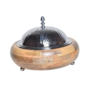 Modern Stainless Steel Hot Pot Casserole with Wooden Base Hammered Lid Insulated Food <b>Warmer</b> Serving Dish for Home Hotel <b>Buffet</b> - Product Image 1